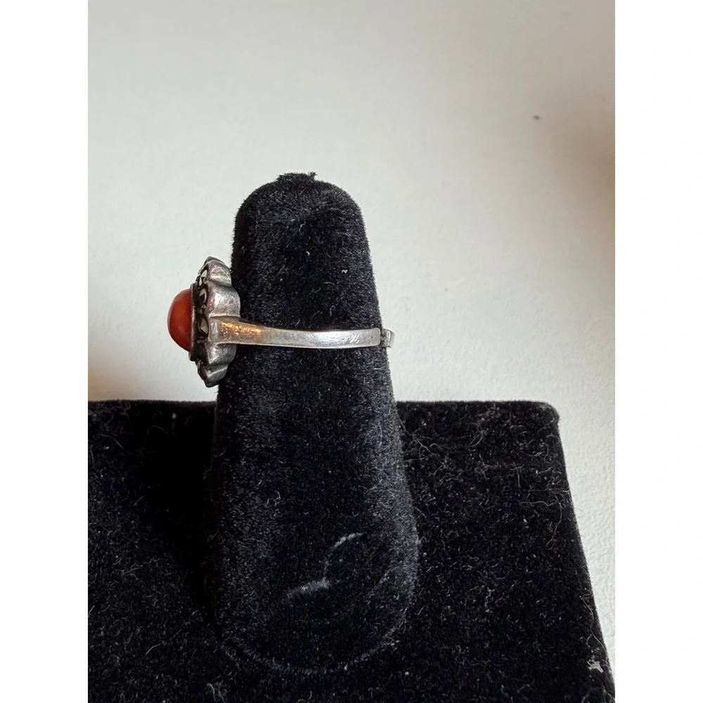 Vintage 835 Silver Red Coral Marcasite Scalloped Halo DO NOT BUY